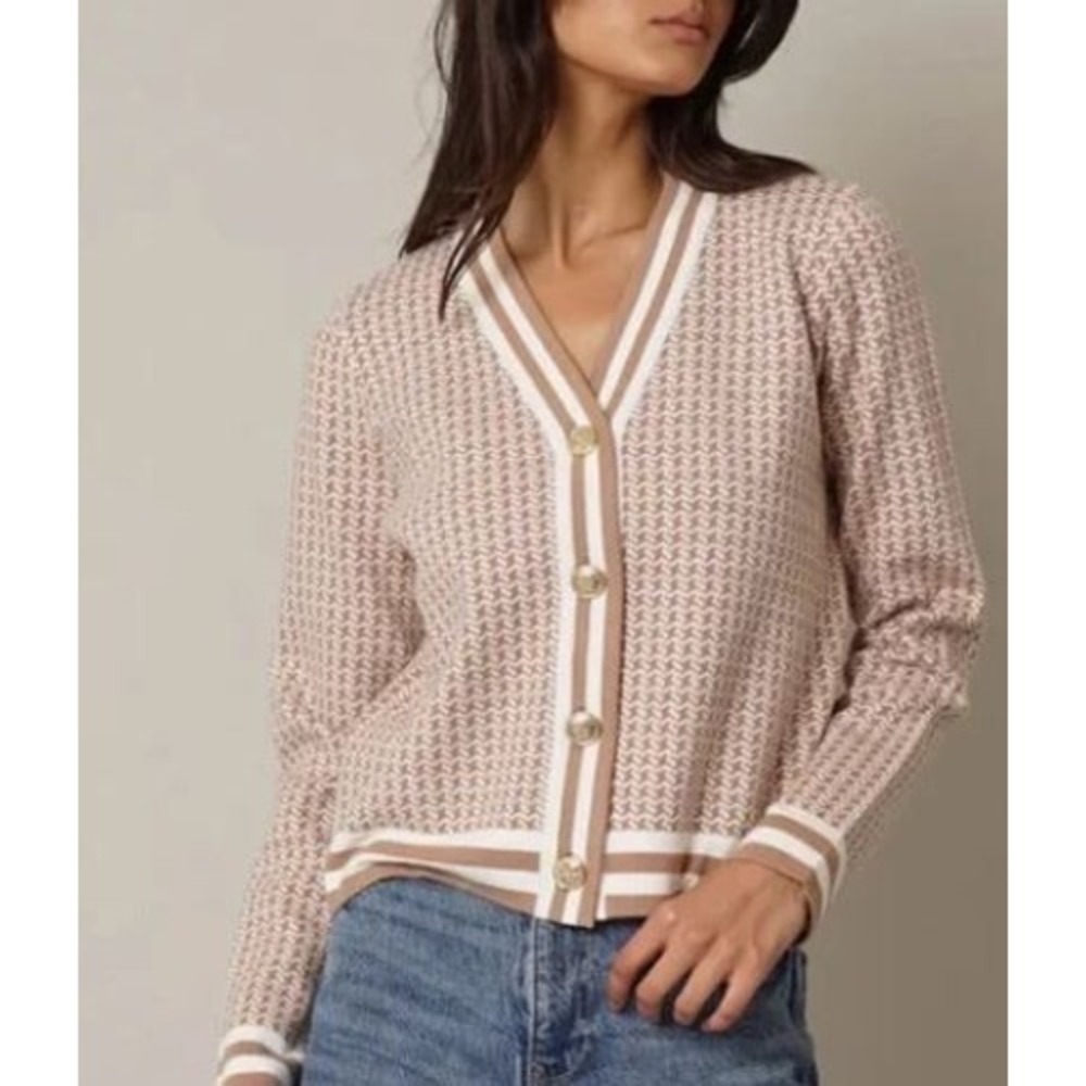 Cyrus Size Small Sweater Cardigan Tan Brown Houndstooth Button Up‎ Career Office